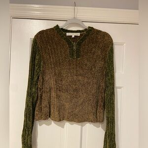 Ballinger • Gold Chenille Ribbed Henley Sweater – Green & Brown – Size L